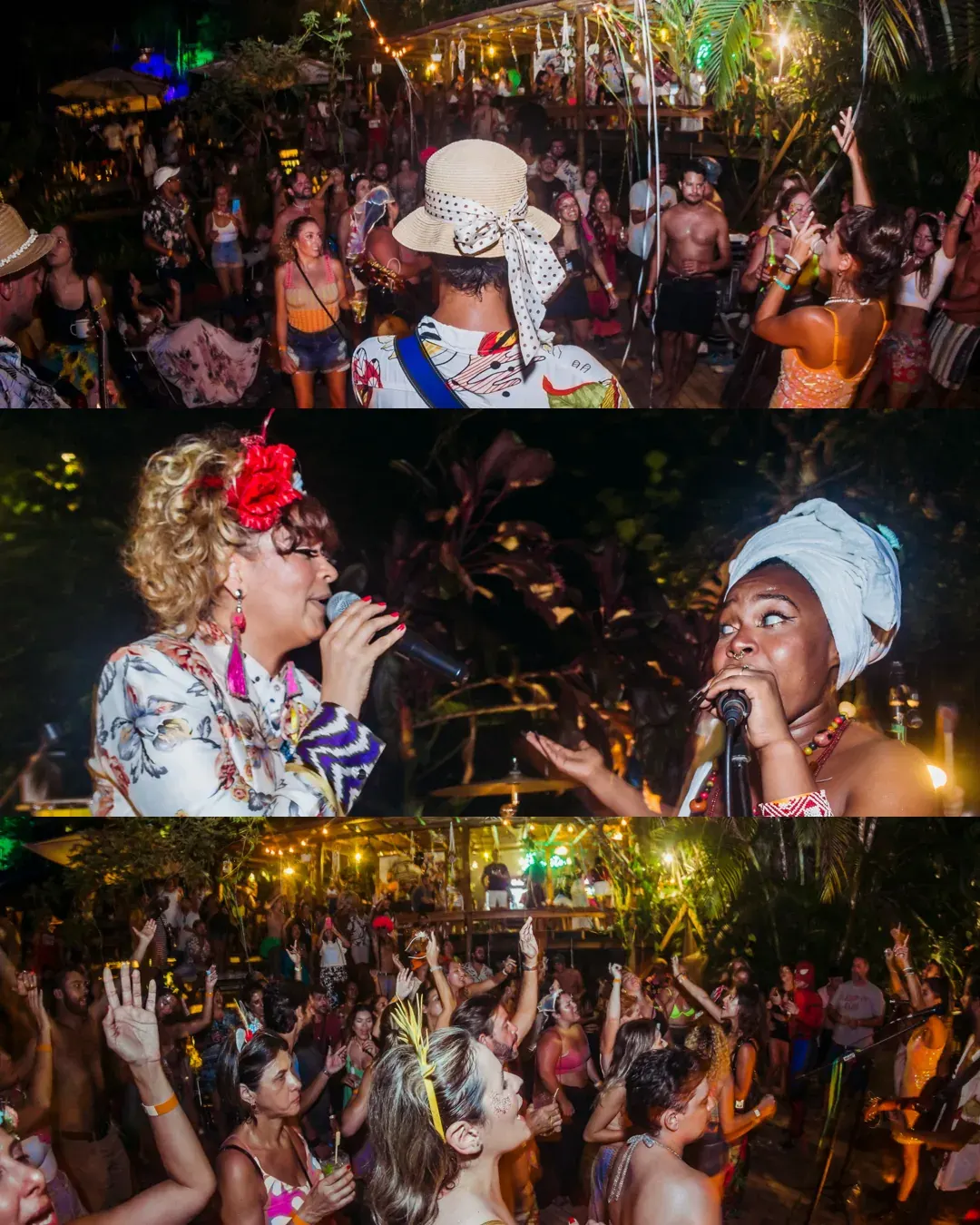 Show ao vivo no Floresta Bar, com duas cantoras no palco e o público dançando sob as luzes